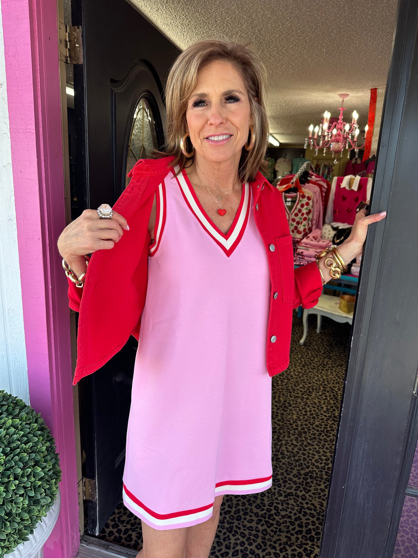 Pink Sleeveless Red Trim Knit Dress