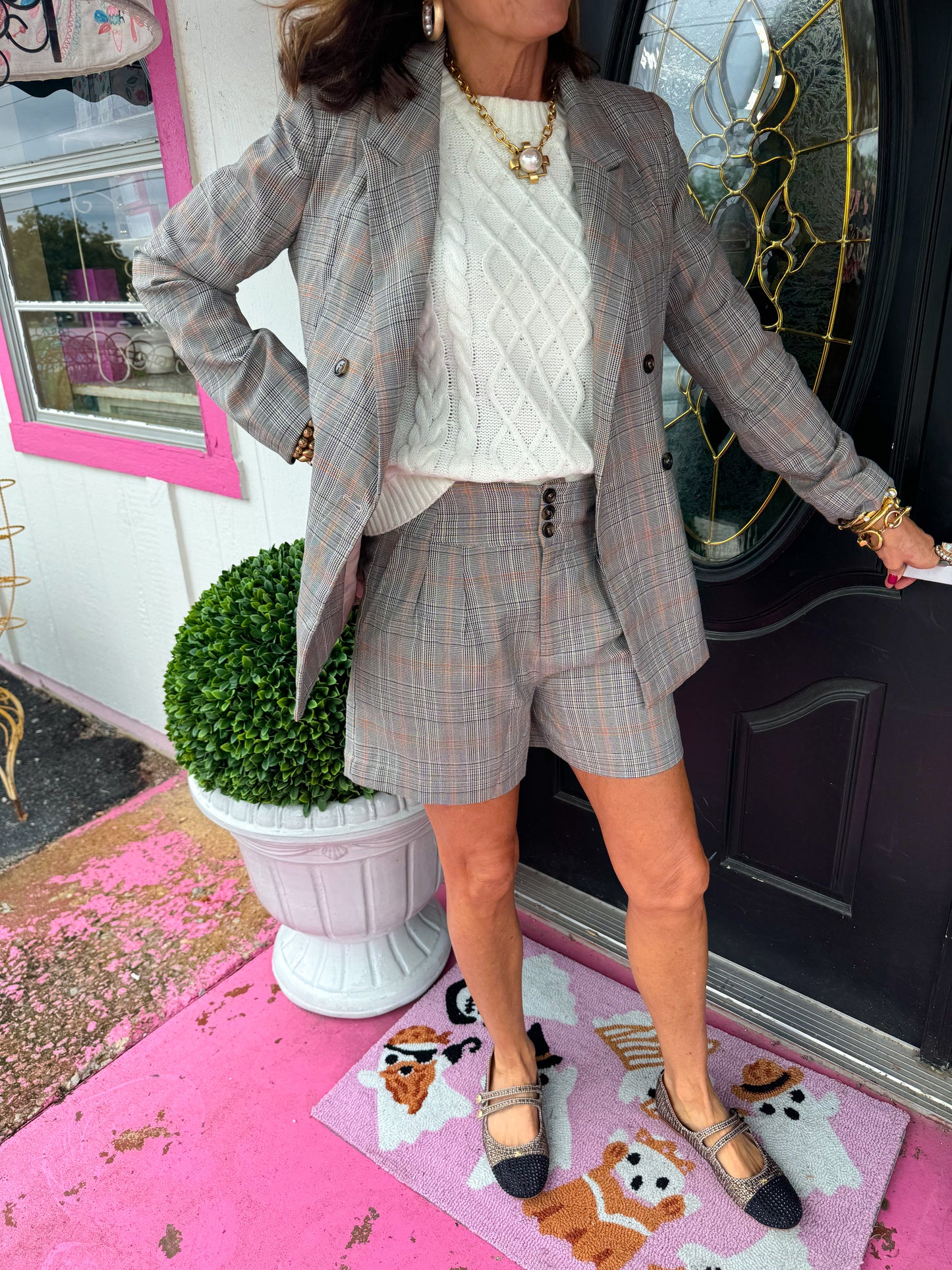 Taupe Multi Plaid Blazer Short SET