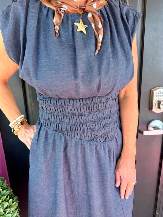 Slvless Denim Dress W/Side Slit
