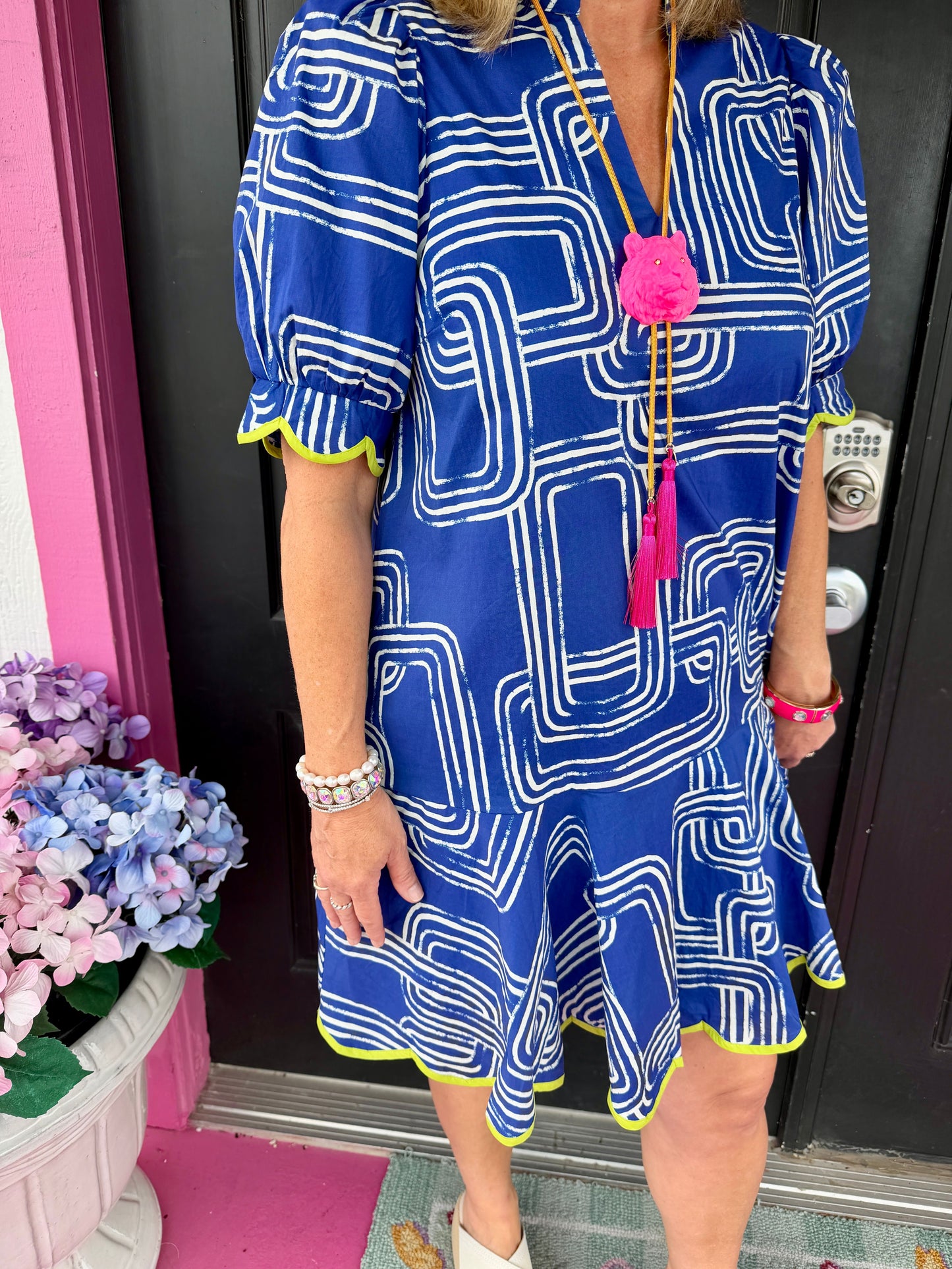 Blue SS Mini Dress w/Green Trim