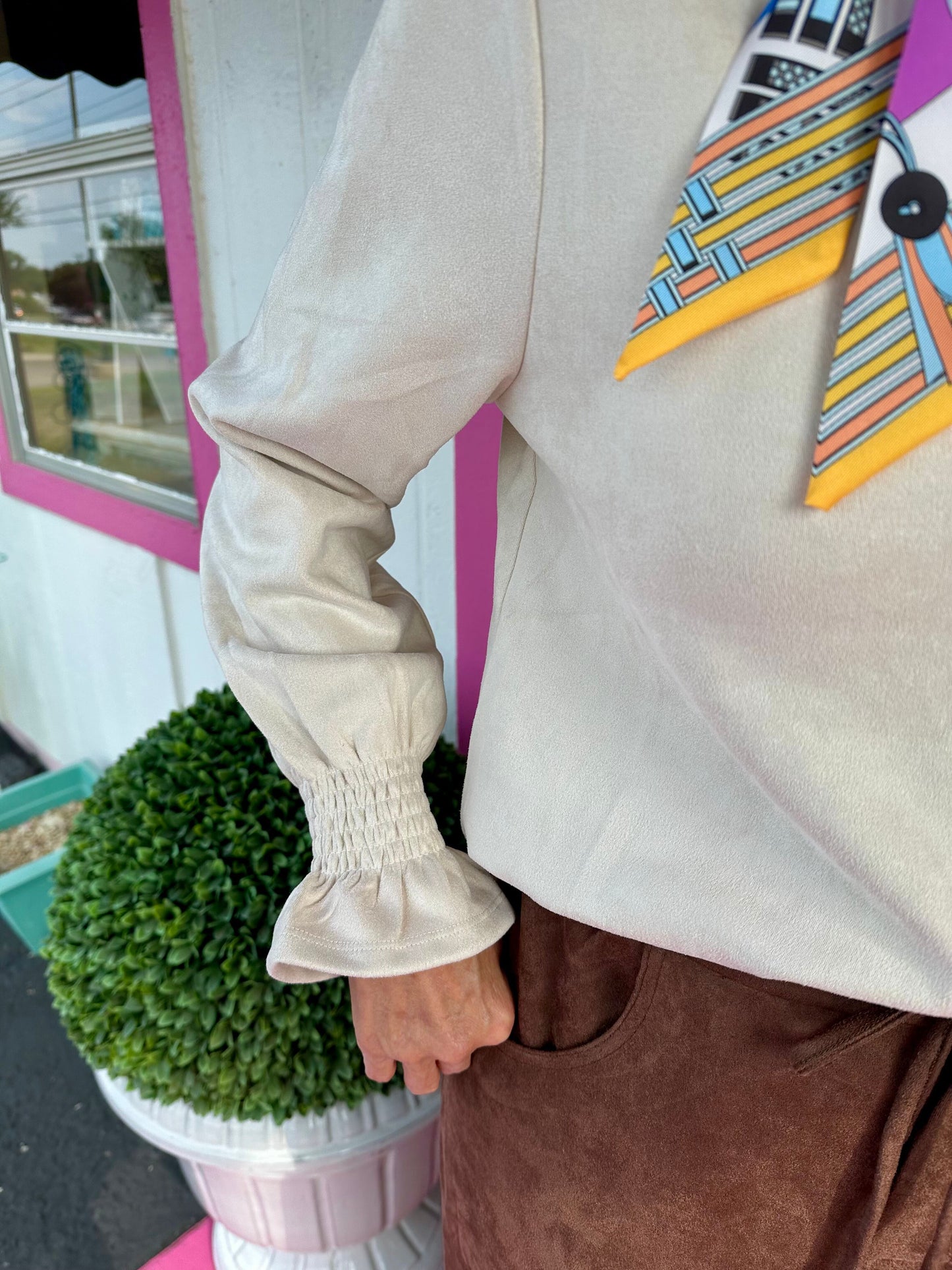 Cream LS Suede V-Neck Top