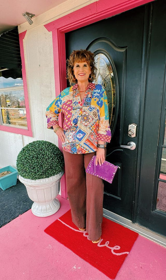 Purple Multi 3/4 Sleeve V-Neck Top