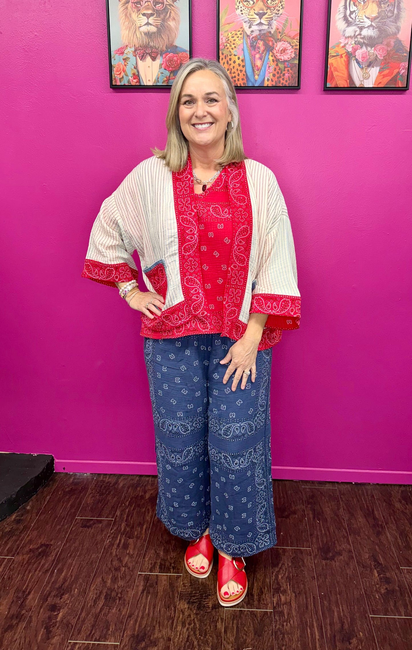 Rosie Cream/Red Mix Cardigan - OS