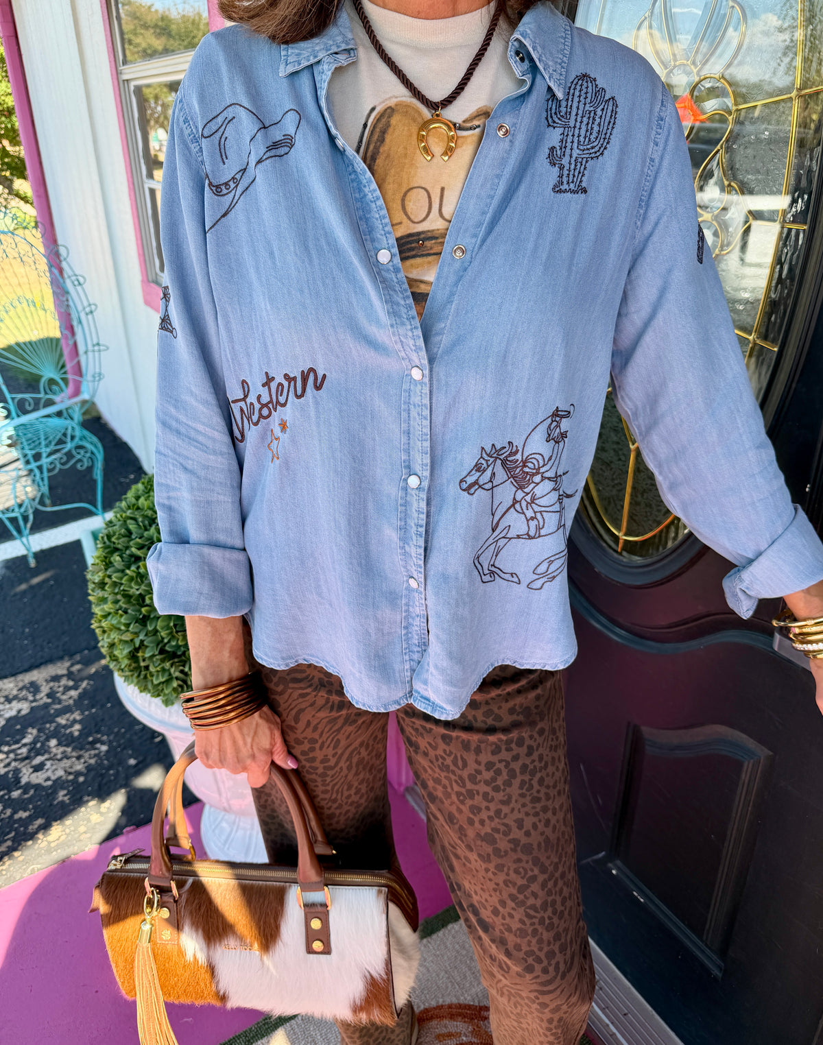 Denim Western Emb Button Up