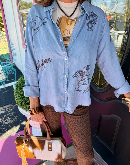 Denim Western Emb Button Up