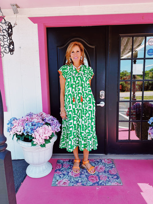 Green/White Flutter Maxi Dress