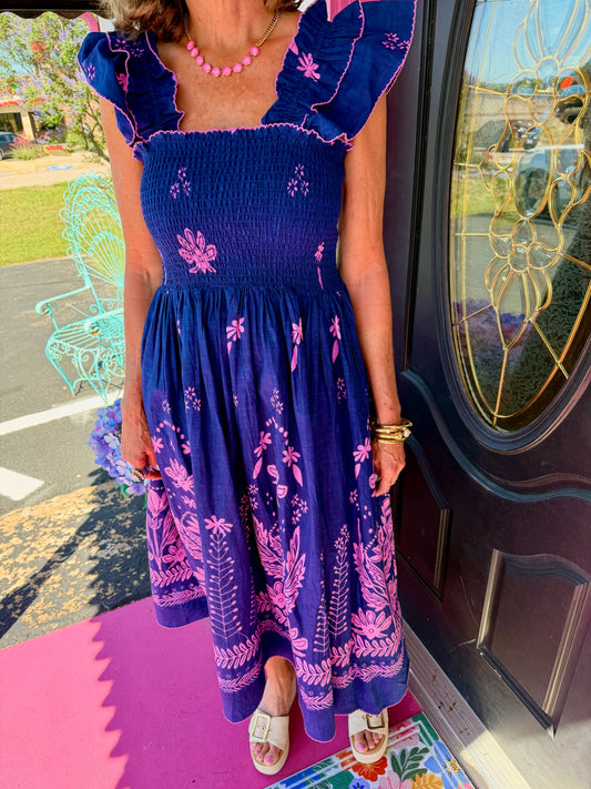 Navy Smocked Border Dress