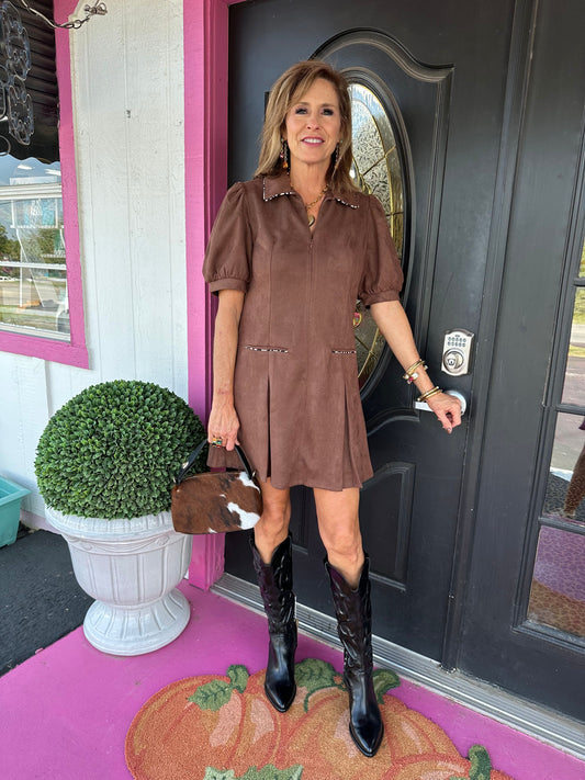 Brown Suede SS Mini Dress