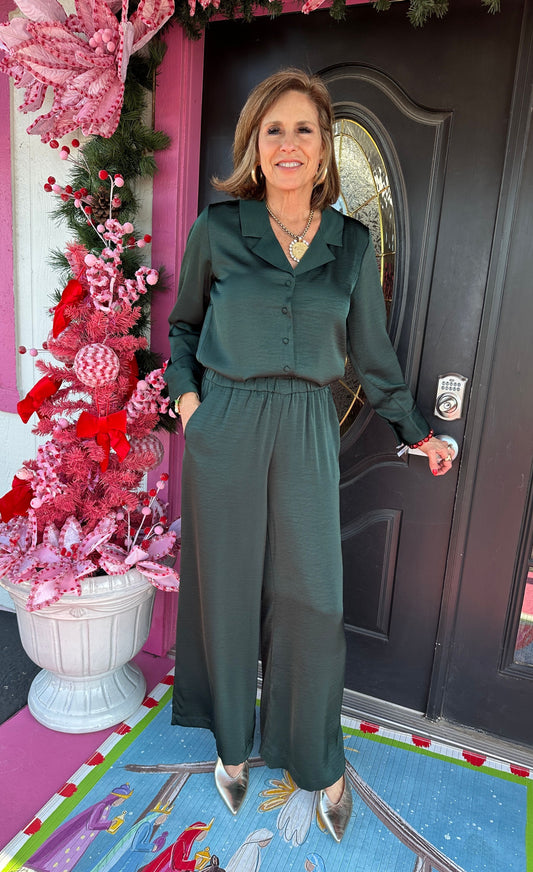 Satin Garland Green Pant Set