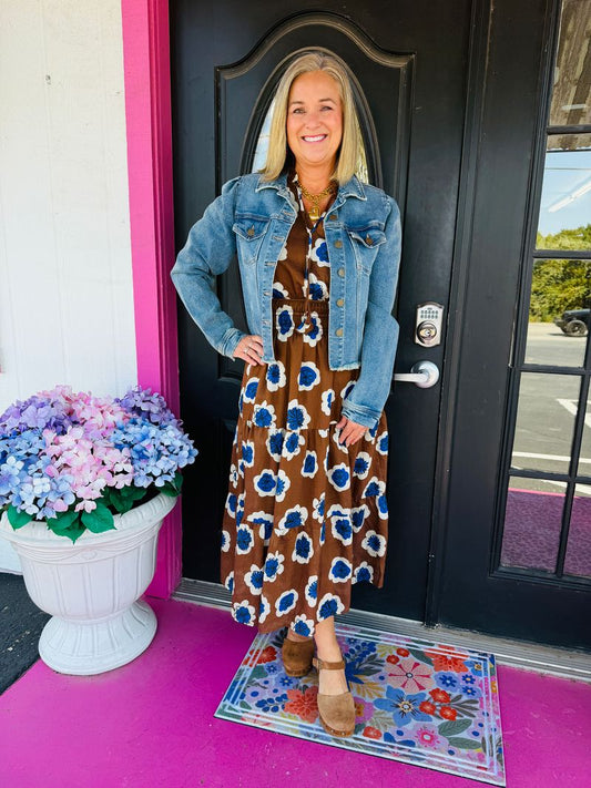 Brown & Blue Flower Print Maxi
