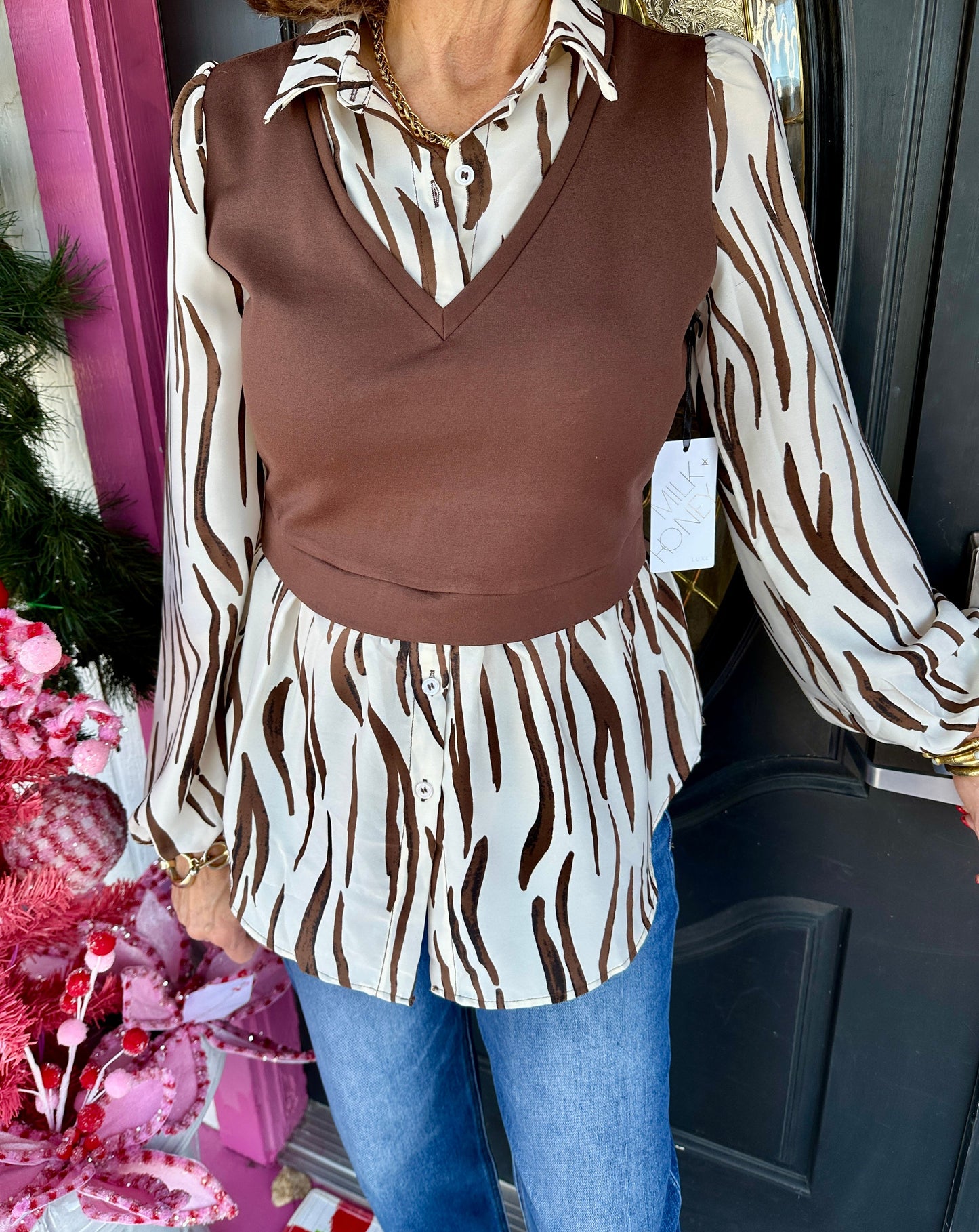 Brown LS 2 In 1 Collared Top