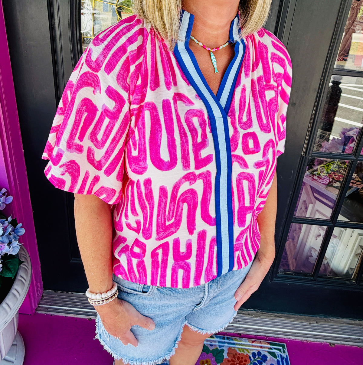 Pink Geo Puff Slv Top