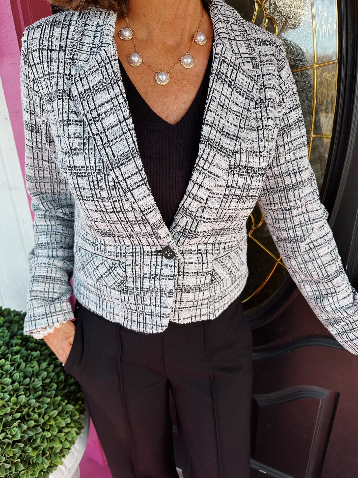 Black White Plaid Cropped Blazer