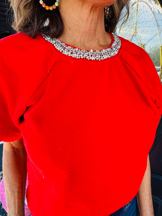 Red Sparkle Neck Top