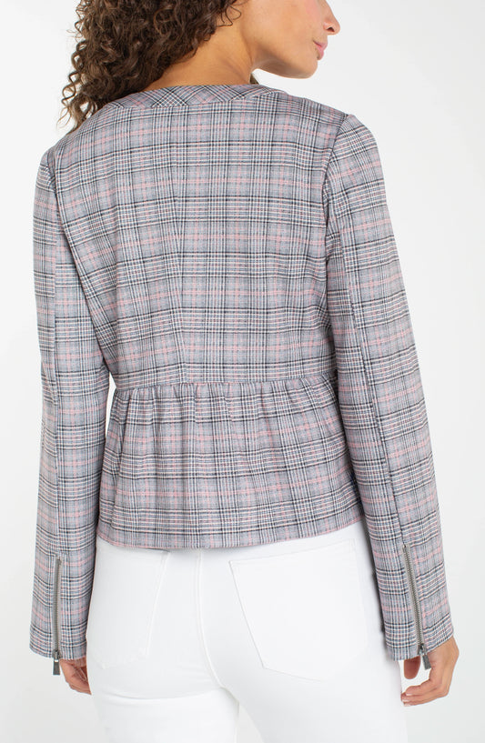 Gray Plaid Zip Peplum Jacket