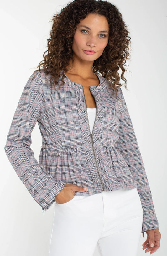 Gray Plaid Zip Peplum Jacket