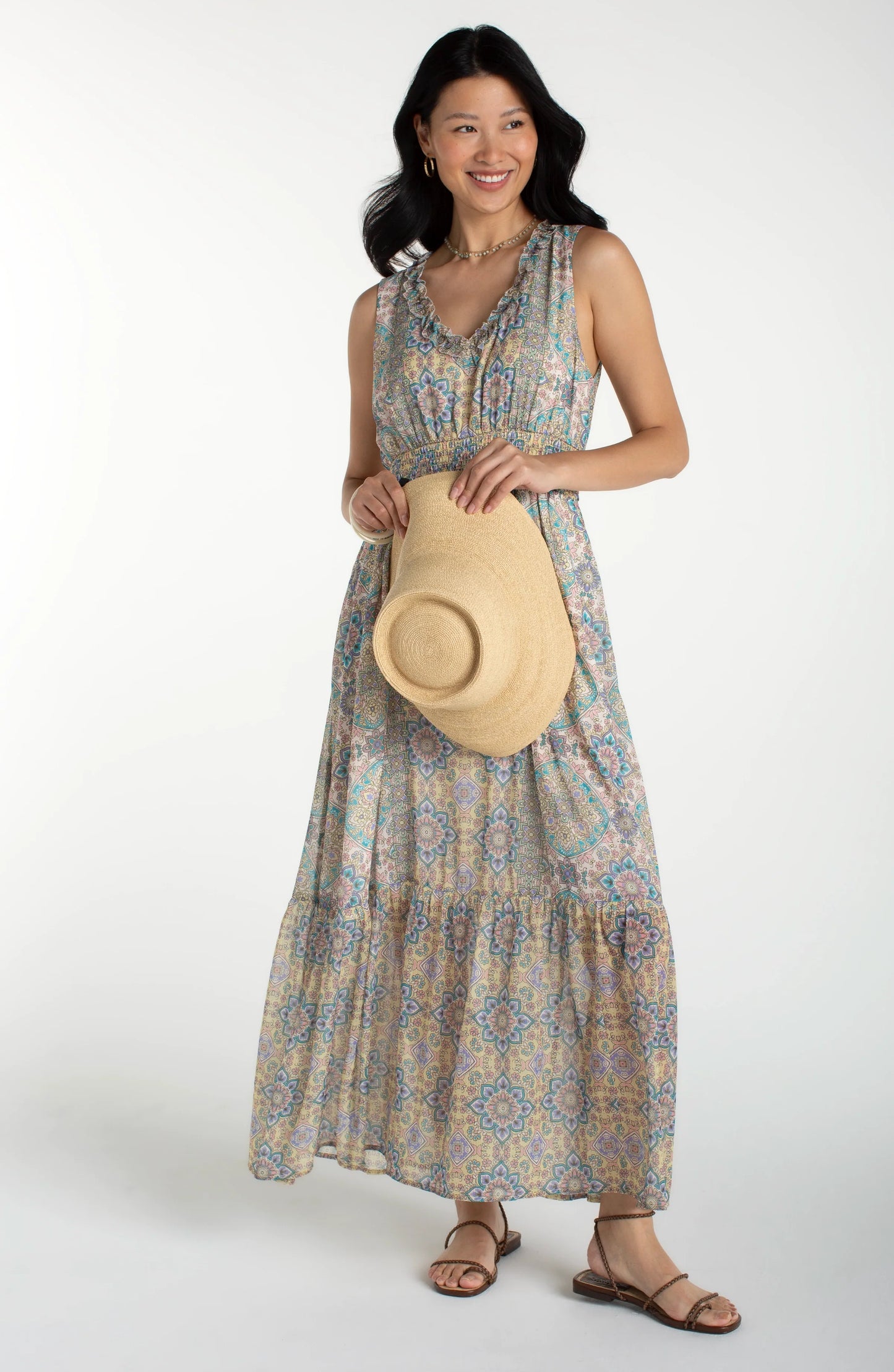 Multi Pastel Sleeveless Smocked Dress