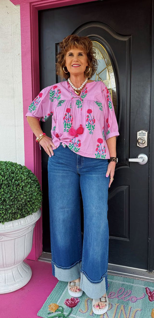 Pink Floral Tassel Tie Top