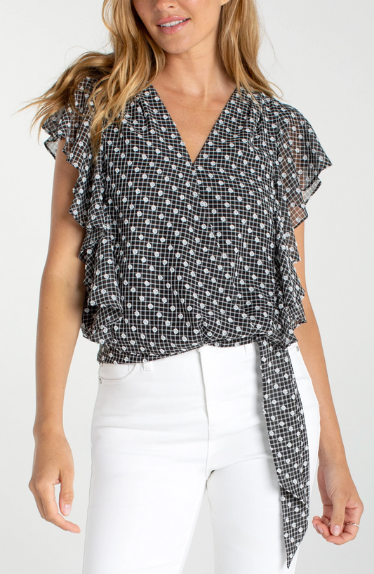 Black White Plaid SS Ruffle Top