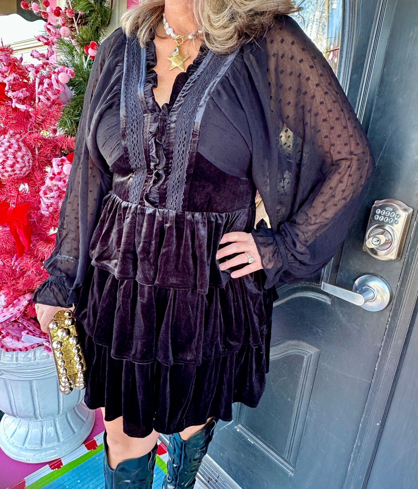 Black Lace Tiered Velvet Dress