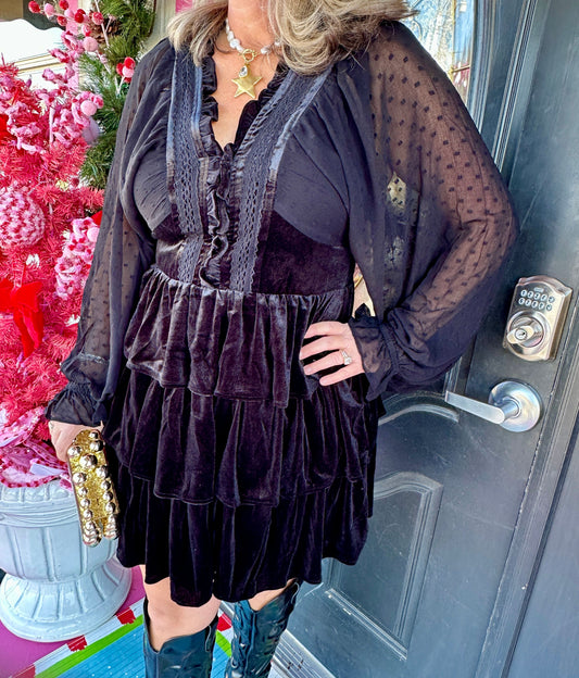 Black Lace Tiered Velvet Dress