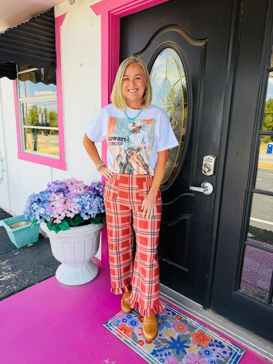 Tomato Plaid Ruffle Hem Pants