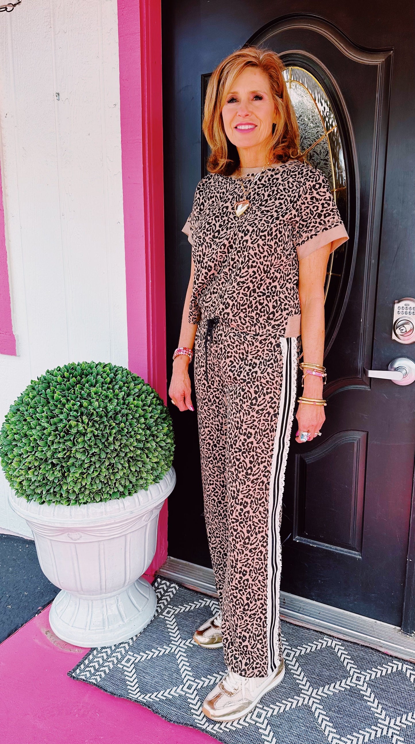 Leopard Stripe Lace Trim Pant Set