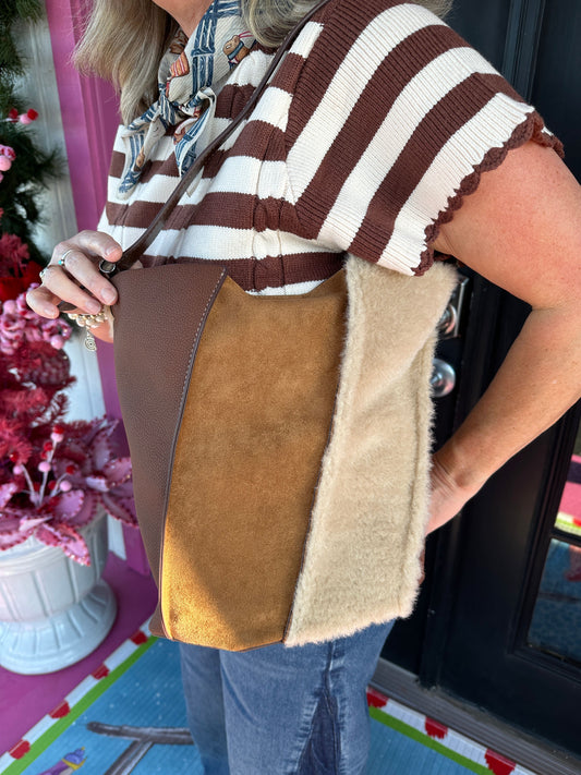 Brown Multi Panel Bucket Purse