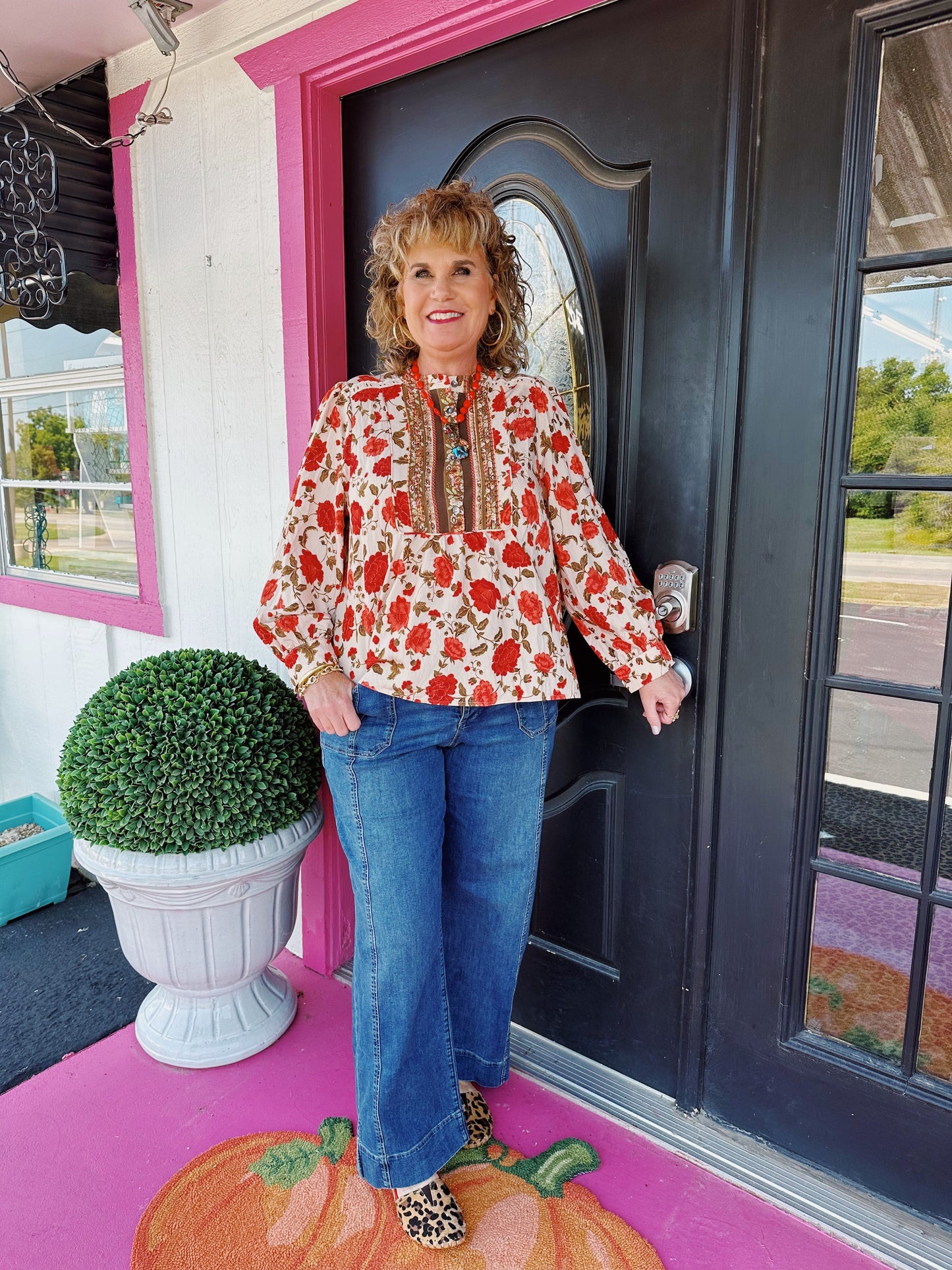 Ecru Rust Floral Print Button Top