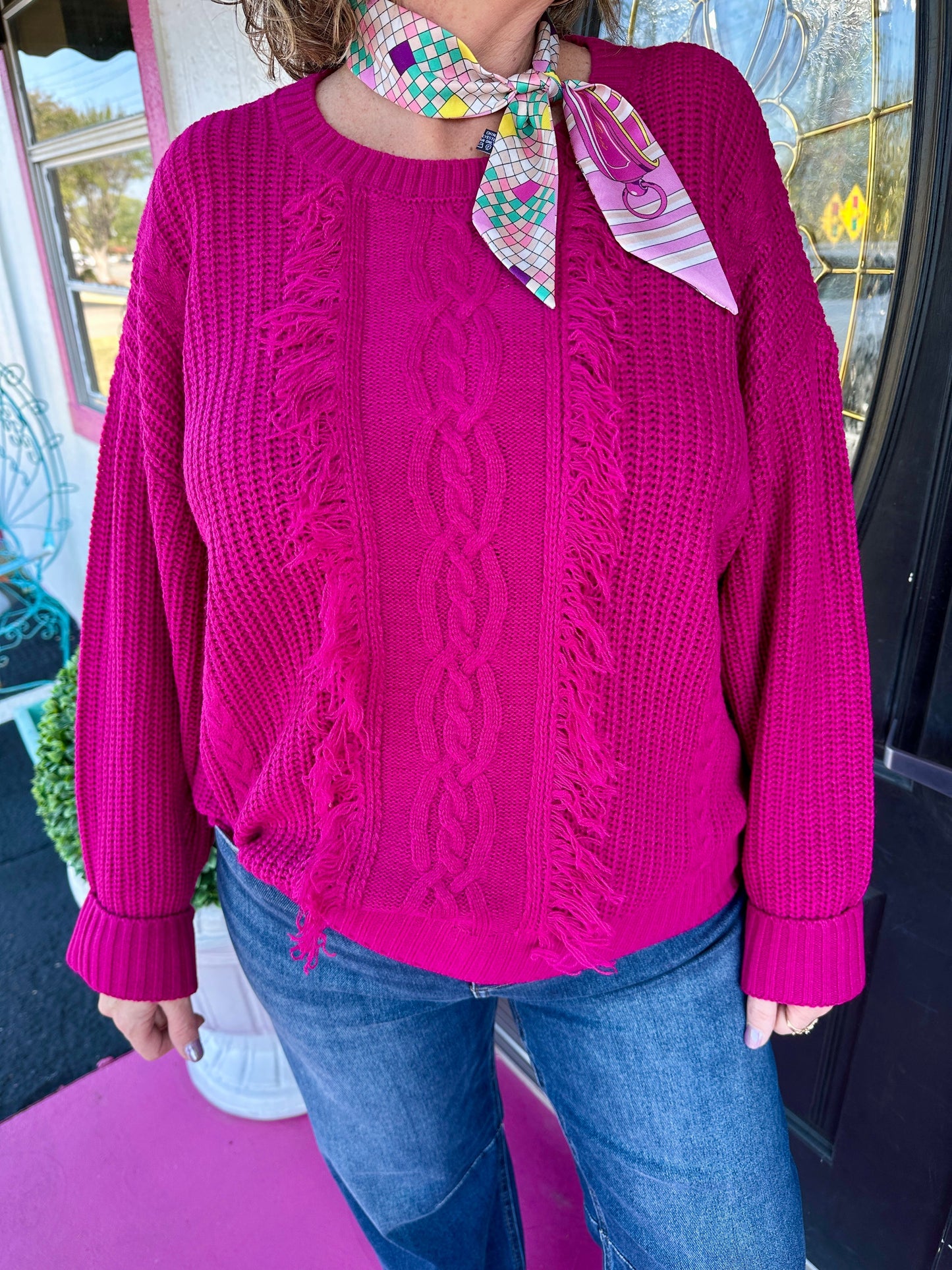 Raspberry LS Fray Sweater