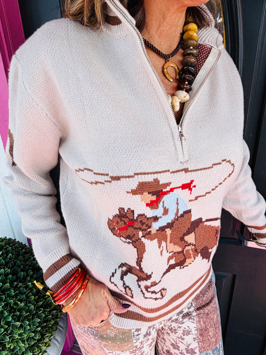 Beige 1/4 Zip Cowboy Swtr