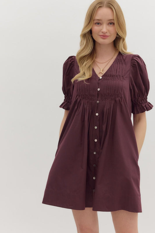 Merlot Pleated Button Down Dress