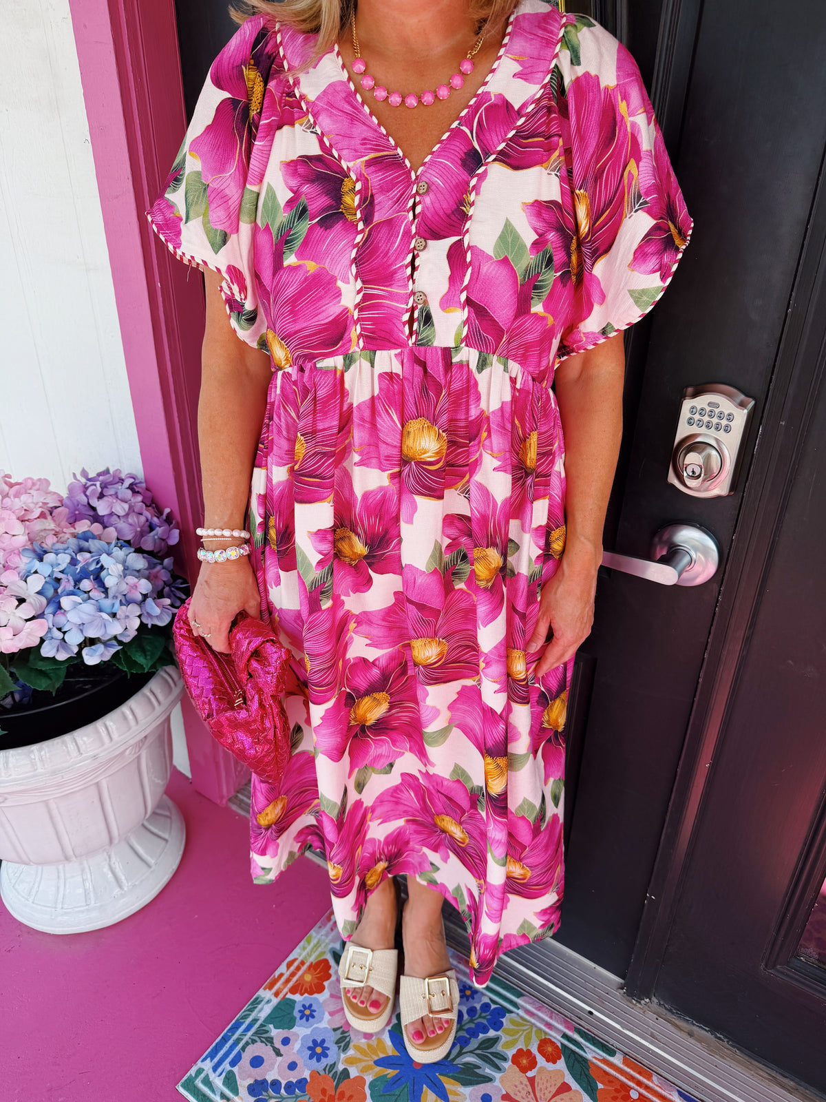 Fuchsia Floral V-Neck Midi Dress