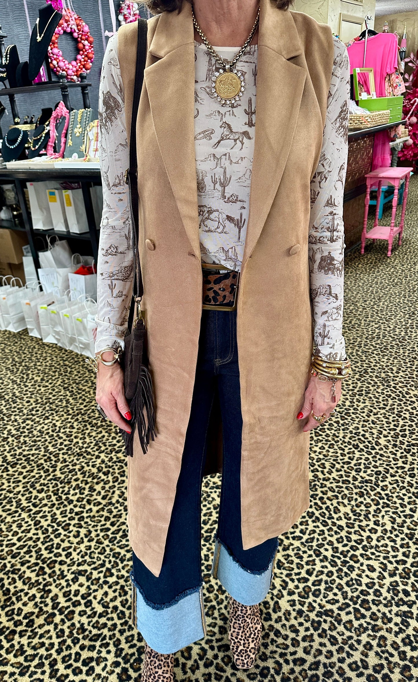 Camel Belted Faux Suede Vest