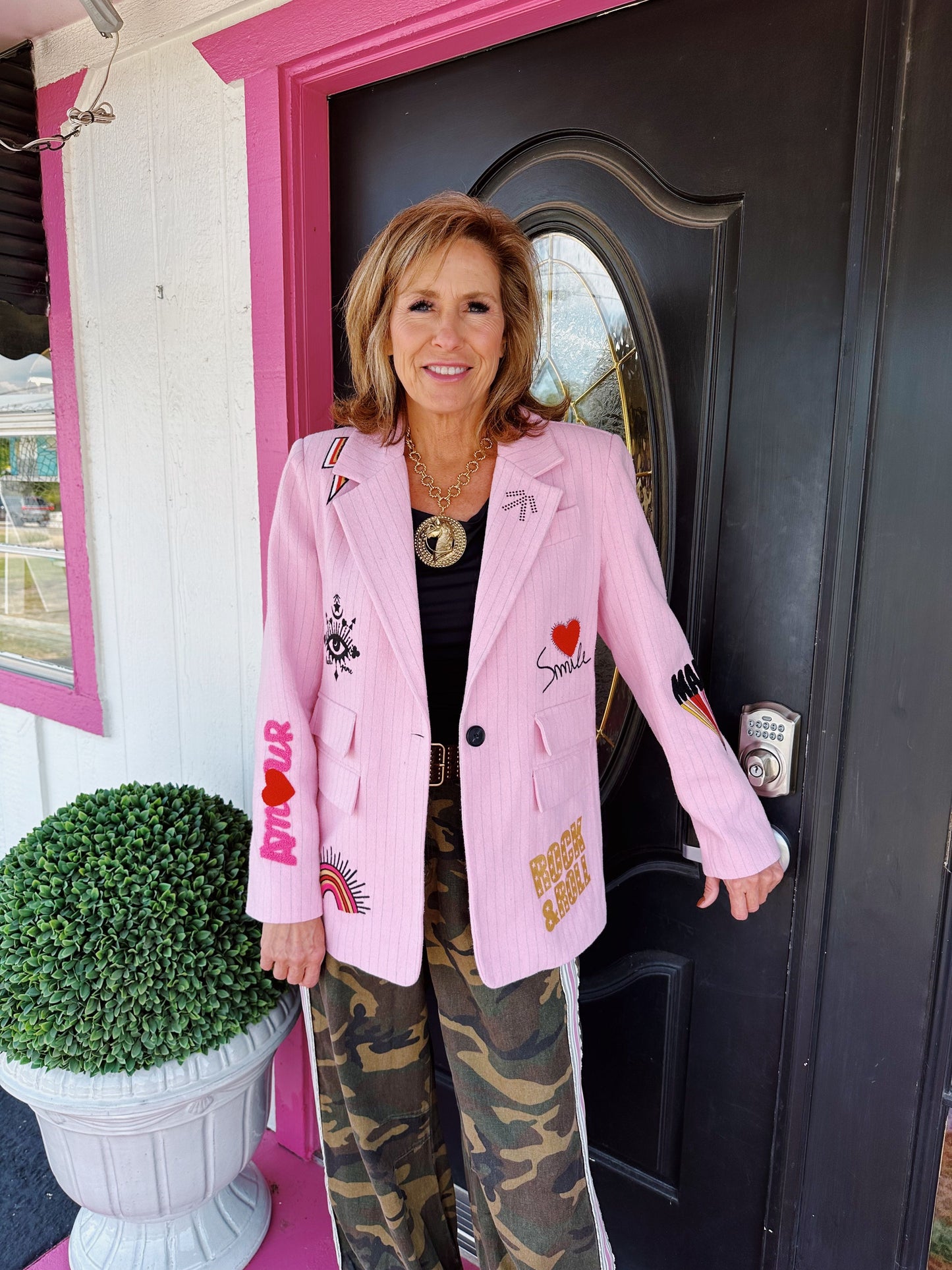 Embroidered Pink Pinstripe Blazer