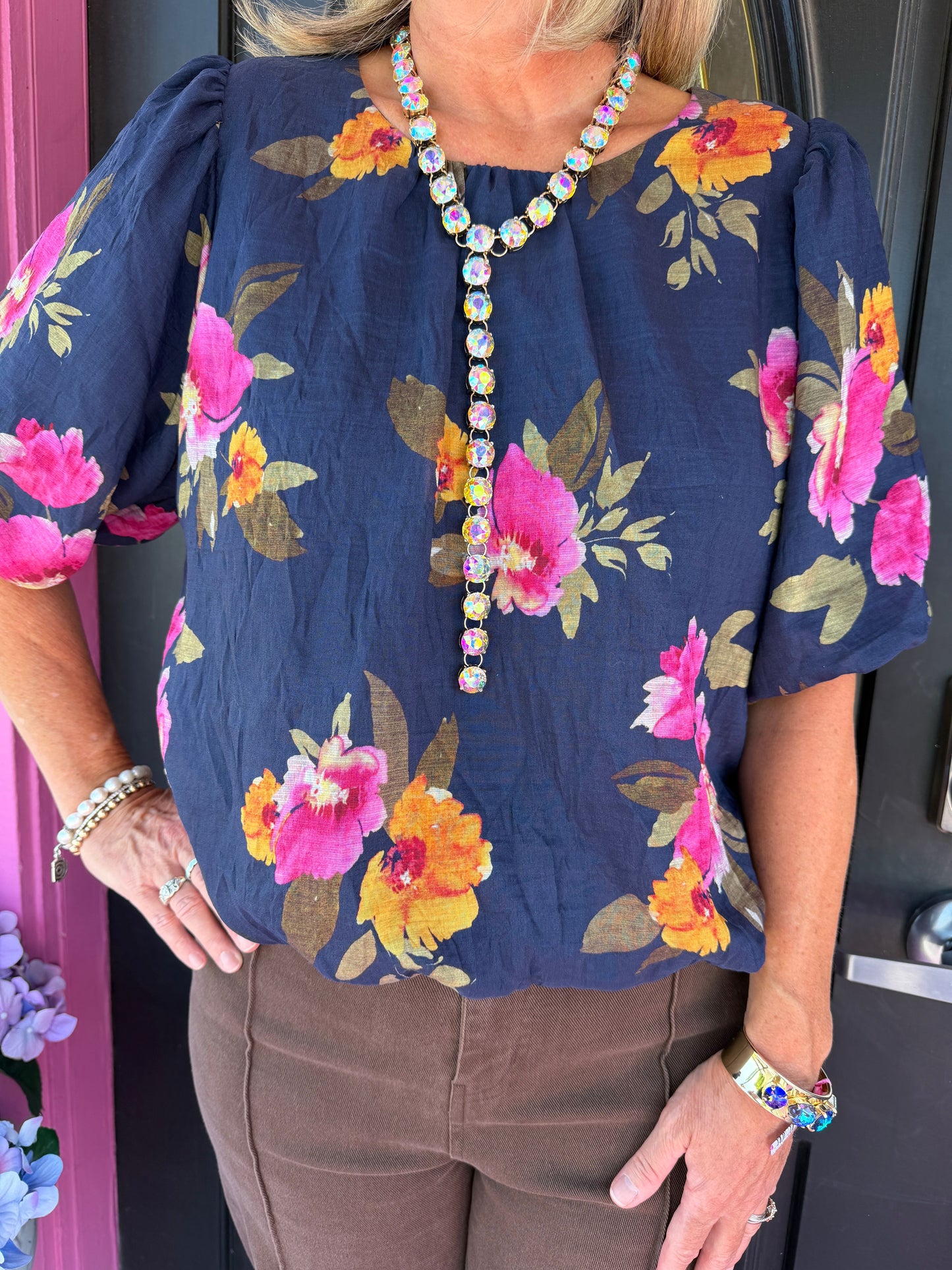 Navy Floral Bubble Hem Top