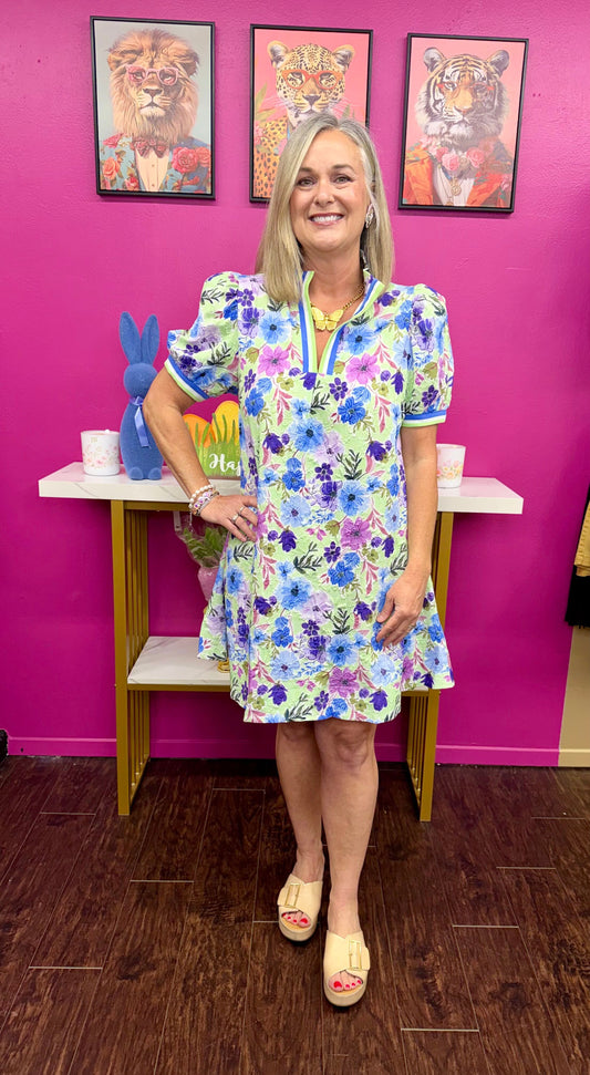 Floral Mini Dress w/Trim