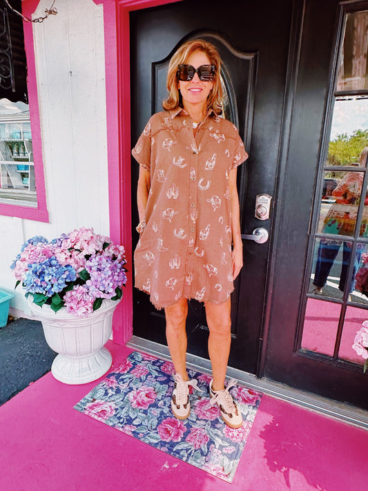 Coffee SS Western Print Dress