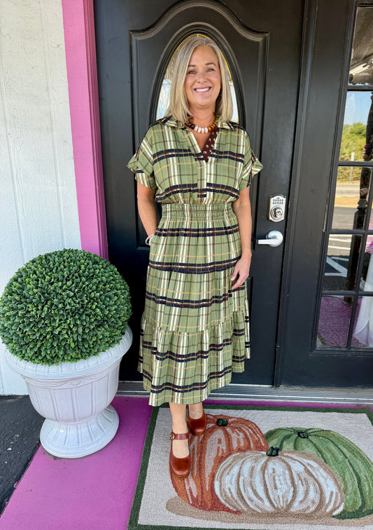 Green Plaid SS Tier Maxi