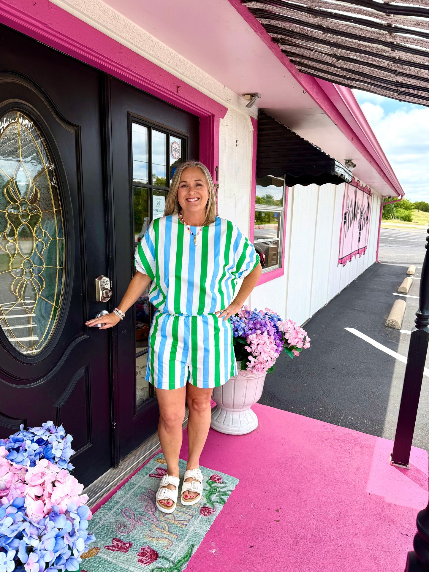 Blue & Green Stripe Short Set