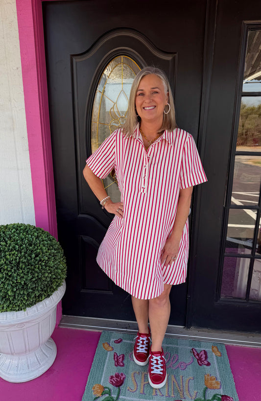 Red SS Striped Button Up Dress