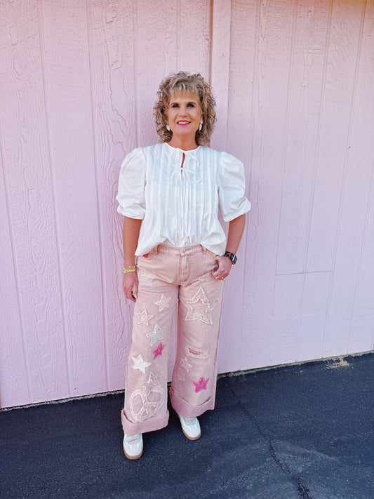 White Puff Sleeve Tie Top