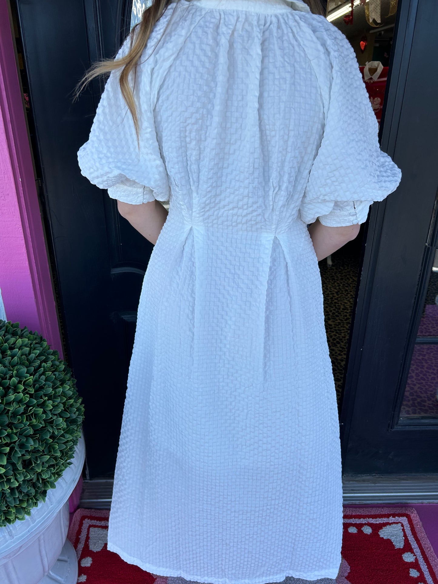 Off White Textured Button Dress