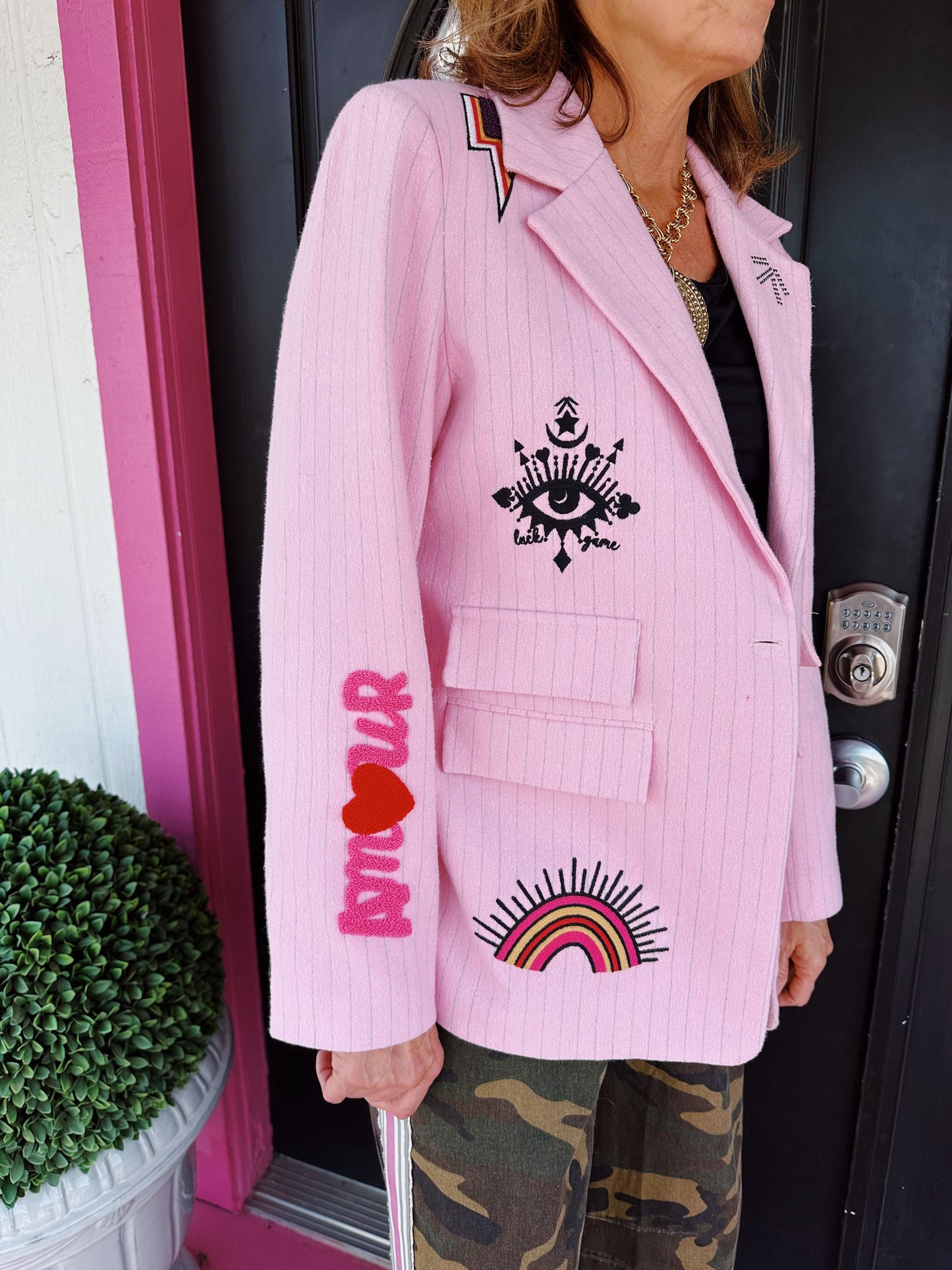 Embroidered Pink Pinstripe Blazer