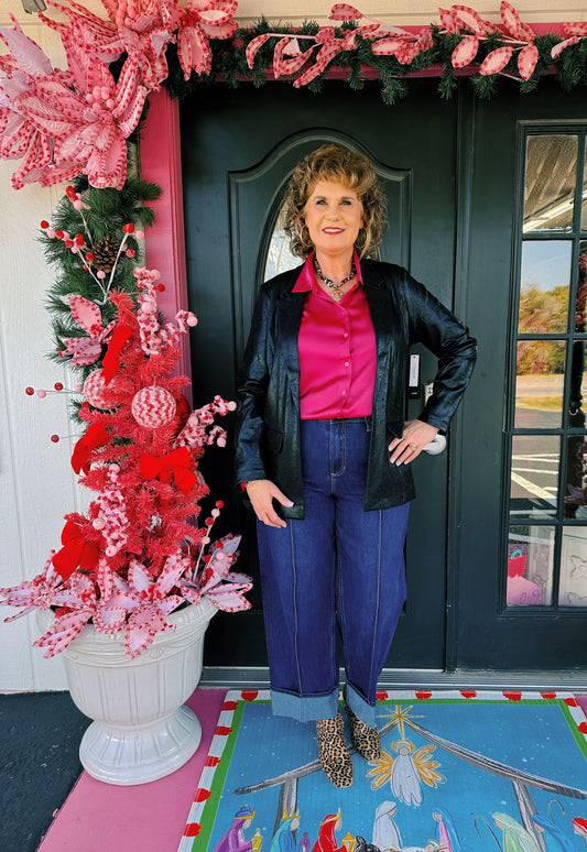 Fuchsia LS Button Front Blouse