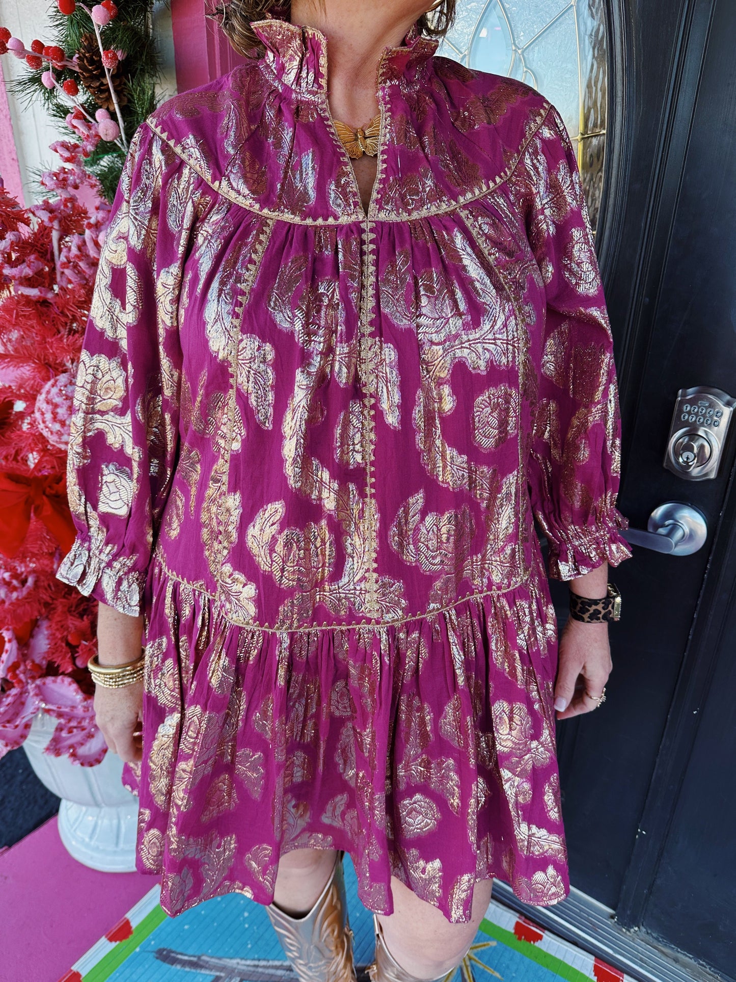 Raspberry Metallic Roses Dress