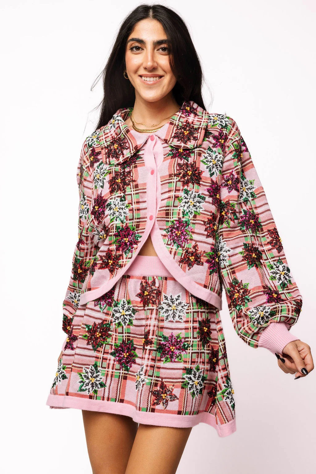 Pink Plaid Poinsettia Sweater