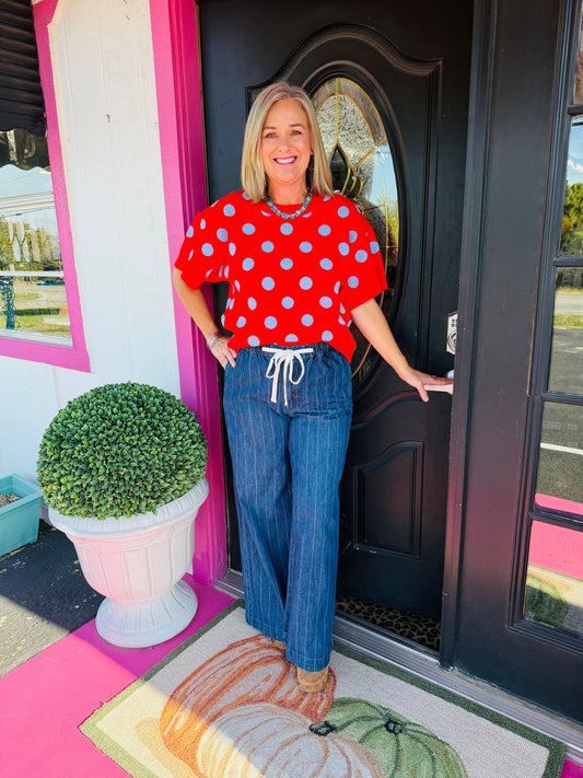 Red/Lt Blue PD SS Sweater