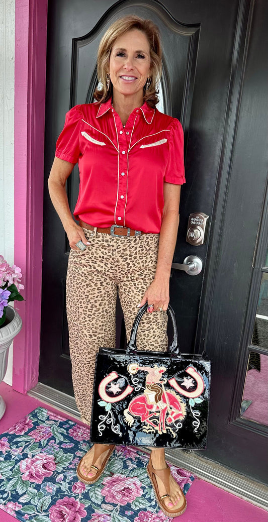Red Cream Pearl Snap Top