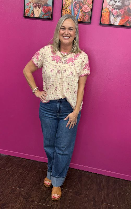 Ivory Pink Embroidery Nora Top